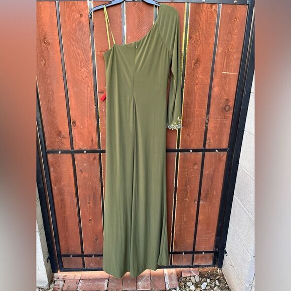 NWT Mac Duggal One Sleeve Beaded Cuff Side Twist Gown Olive 8 55696 - Picture 4 of 10